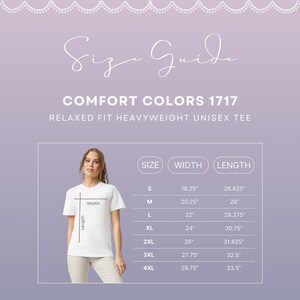 Comfort Colors sizing guide graphic showing fit measurements on the Comfort Colors 1717 tshirt