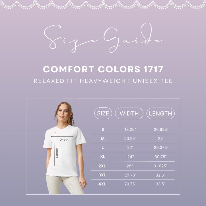 Comfort Colors sizing guide graphic showing fit measurements on the Comfort Colors 1717 tshirt