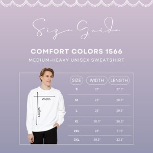 Comfort Colors sizing guide graphic showing fit measurements for 1566 crewneck sweatshirt