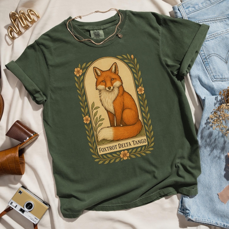 Forest green Foxtrot Delta Tango shirt, botanical fox art, Comfort Colors anti-MAGA political graphic tee for progressive activists.