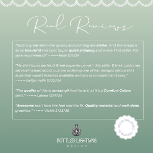 Customer reviews image – Positive customer reviews for Bottled Lightning Design Comfort Colors shirts, highlighting quality printing, quick shipping, and excellent customer service.