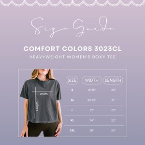 Comfort Colors sizing guide graphic showing fit measurements for 3023CL boxy cropped tee