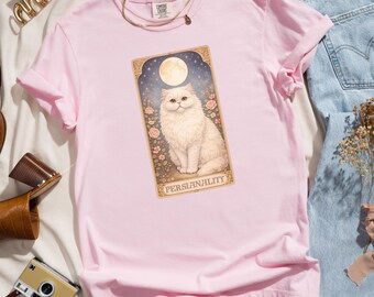 Persian Cat Tarot T-Shirt, Persianality Graphic Tee Shirt, Comfort Colors Shirt, Celestial White Cat Art, Persian Cat Owner Gift