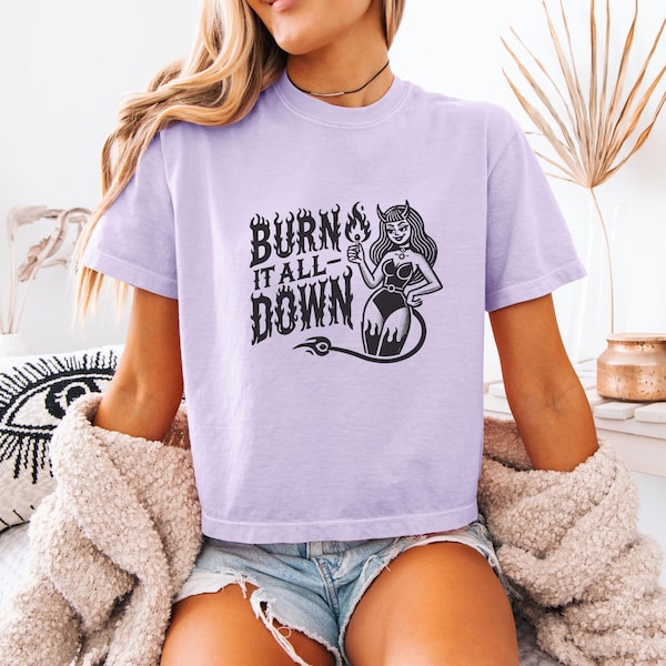 Camiseta feminista "Quemarlo todo", camiseta corta extragrande "Diablos", top corto "Venganza" para mujer, camiseta corta "Anarquía" con colores cómodos