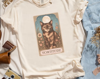 Tortie Cat Lover Tee, Witchy Tarot Cat T-Shirt, Comfort Colors Graphic Tee, Tortoiseshell Cat Gift, Celestial Tortie Shirt