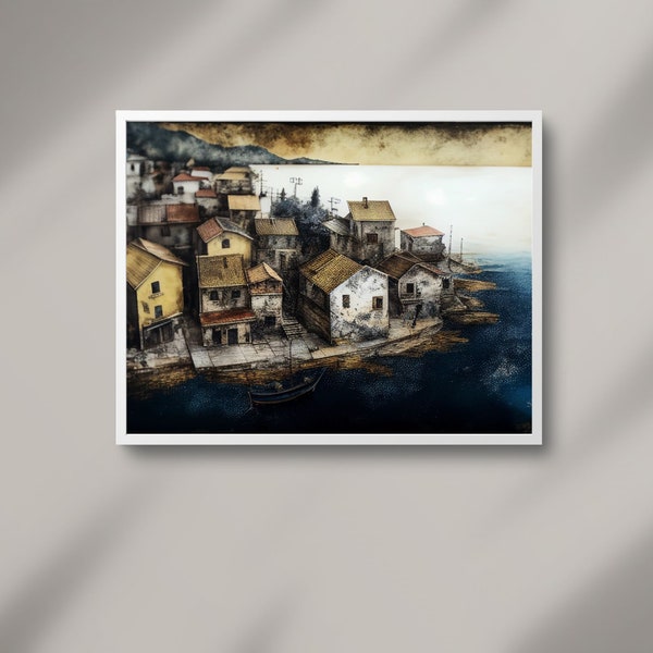 Village Landscape #2 | Encaustic Wall Art | Digital Print | Original Artwork | Contemporary Painting | Printable Poster | Home Decor