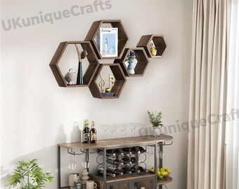 Handmade 5 Packs Wood Hexagon Shelves | Honeycomb Shelves | Floating Shelves | Wall Shelves | Display Shelves | Hanging Shelves | Home Decor