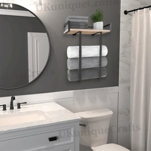 Handmade Wood & Metal Towel Holder With Wooden Shelf | Towel Rack | Wood Towel Rack | Towel Storage | Towel Holder | Bathroom Organizer