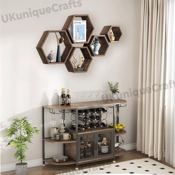 Lot de 5 étagères hexagonales en bois faites main | Étagères en nid d'abeille | Étagères flottantes | Étagères murales | Présentoirs | Étagères suspendues | Décoration d'intérieur