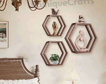 Ensemble de 3 étagères hexagonales en bois fait main | Étagères flottantes | Étagères rustiques | Étagères en nid d'abeille | Présentoirs | Décoration d'intérieur