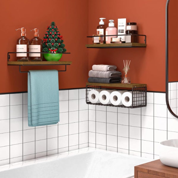 Handmade Set of 3 Wooden Bathroom Shelves With Weir Basket | Floating Shelves | Wall Shelves | Over Toilet Storage | Bathroom Storage