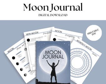 May include: A printable Moon Journal digital download with a cover featuring a silhouette of a person standing in front of a full moon. The journal includes pages for tracking the moon phases, journaling, and manifesting.