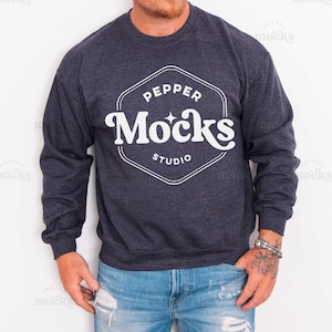 Gildan 18000 Dark Heather Crewneck Sweatshirt Mockup | Mens Grey G180 Sweater Mock-up | Real Model Mock | Casual Basic Male | White Wall
