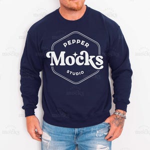 Gildan 18000 Navy Crewneck Sweatshirt Mockup | Mens Blue G180 Sweater Mock-up | Real Model Mock | Casual Basic Male Mockup | White Wall