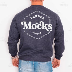 Gildan 18000 Dark Heather Crewneck Sweatshirt Back View Mockup | Mens Grey G180 Sweater Mock-up | Real Model Mock | Basic Male | White Wall