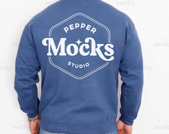 Indigo Gildan 18000 Crewneck Sweatshirt Back View Mockup (Digital Download)