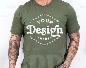 Bella Canvas 3001 Military Green Tshirt Mockup 3001 Green T-shirt Mock-up | Real Male Model Mock | Simple Aesthetic Mens Bella Canvas Shirt