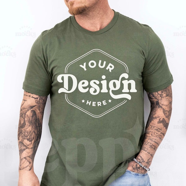 Bella Canvas 3001 Military Green Tshirt Mockup 3001 Green T-shirt Mock-up | Real Male Model Mock | Simple Aesthetic Mens Bella Canvas Shirt