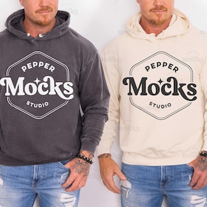 Comfort Colors C1467 Pepper & Ivory Group Hoodie Mockup | 1467 Hooded Sweatshirt Mock-up | Real Male Model | Simple Basic Mens Sweater Mock