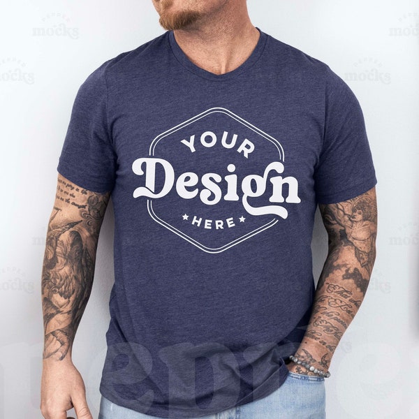 Bella Canvas 3001 Heather Navy Tshirt Mockup | 3001 Mens Navy T-shirt Mock-up | Real Model Mock | Simple Aesthetic Mens Bella Canvas 3001