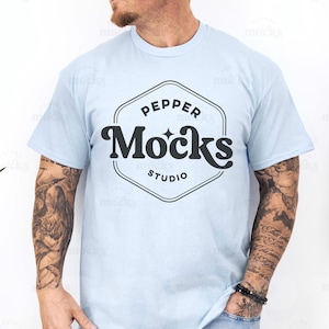 Gildan 5000 Light Blue T-Shirt Mockup | Male G500 Tshirt Mock-up | Real Human Model Mock | Casual Simple Mock | Mens Blue 5000 Front View