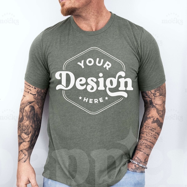 Bella Canvas 3001 Heather Military Green Tshirt Mockup 3001 T-shirt Mock-up | Real Male Model Mock | Simple Aesthetic Mens Bella Canvas Tee