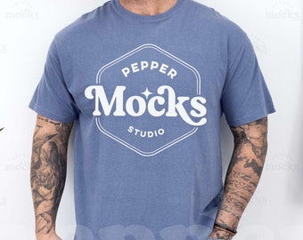 Comfort Colors C1717 Blue Jean Tshirt Mockup | 1717 Mens Blue T-shirt Mock-up | Real Model Mock | Simple Aesthetic Mens Comfort Colors 1717