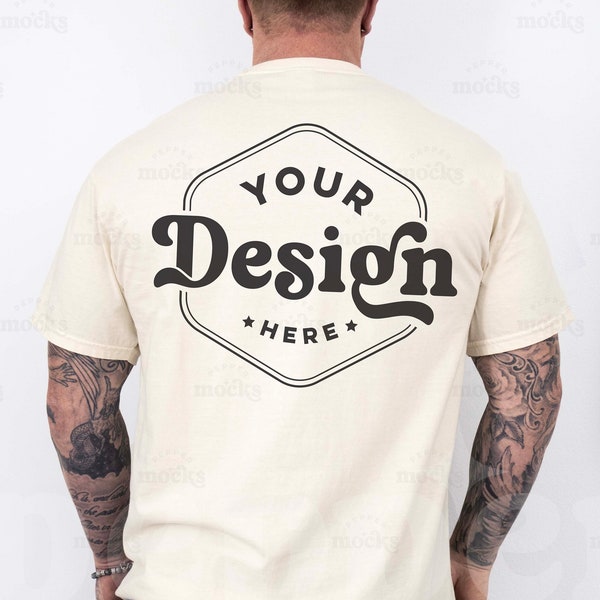 Comfort Colors C1717 Ivory Tshirt Back View Mockup | 1717 Mens Off-White T-shirt Mock-up | Real Model Mock | Simple Aesthetic Mens Back