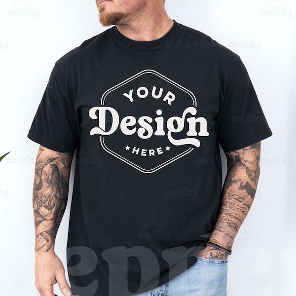 Comfort Colors C1717 Black Tshirt Mockup | 1717 Mens Black T-shirt Mock-up | Real Model Mock | Simple Aesthetic Mens CC 1717 Black Shirt