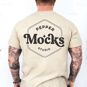 Gildan 5000 Sand Back View T-Shirt Mockup | Male G500 Tshirt Mock-up | Real Human Model Mock | Casual Simple Mock | Mens Beige Gildan 5000