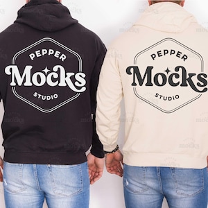 Comfort Colors C1467 Black & Ivory Group Hoodie Mockup | 1467 Hooded Sweatshirt Mock-up | Real Male Model | Mens Back View Sweater Mock