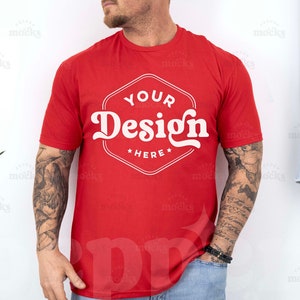 Gildan 64000 Red T-Shirt Mockup | Male G640 Tshirt Mock-up | Real Human Model Mock | Casual Simple Mock | Mens Red Gildan 64000 Shirt Mockup