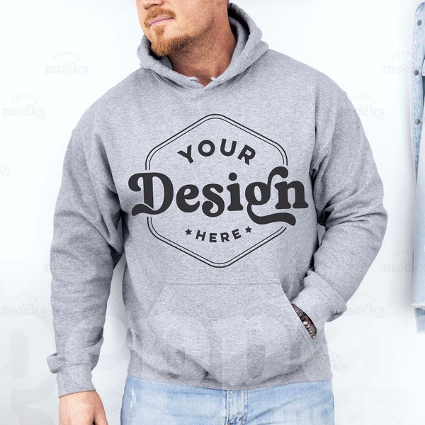 Gildan 18500 Sport Grey Hooded Sweatshirt Mockup | G185 Hoodie Mock-up | Real Model Mock | Male Simple Mock | Mens Sport Grey Gildan Mockup