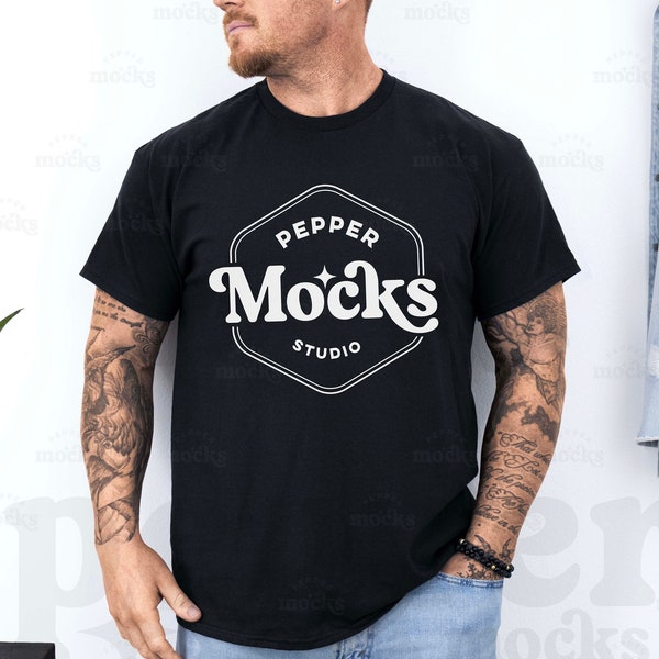 Gildan 5000 Black T-Shirt Mockup | Male G640 Tshirt Mock-up | Real Human Model Mock | Casual Simple Mock | Mens Gildan 5000 Shirt Front