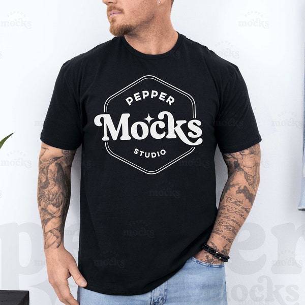 Gildan 64000 Black T-Shirt Mockup | Mens G640 Tshirt Mock-up | Real Human Model Mock | Casual Simple Mock | Mens Gildan 64000 Shirt Mockup