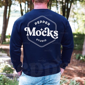 Gildan 18000 Navy Crewneck Sweatshirt Back View Mockup | Mens Blue G180 Sweater Mock-up | Real Model Mock | Casual Male Outdoor Nature Dad