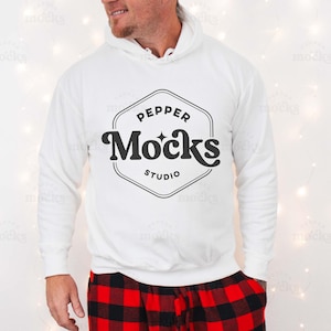 Comfort Colors 1467 White Hoodie Mockup | 1467 Mens Hooded Sweatshirt Mock-up | Real Male Model Mock | Simple Aesthetic Mens Christmas  POD