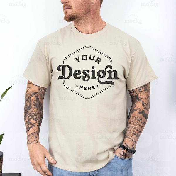 Gildan 5000 Sand T-Shirt Mockup | Male G640 Tshirt Mock-up | Real Human Model Mock | Casual Simple Mock | Mens Beige Gildan 5000 Front View