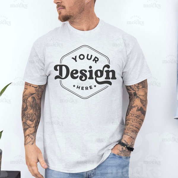 Gildan 5000 Ash Grey T-Shirt Mockup | Male G640 Tshirt Mock-up | Real Human Model Mock | Casual Simple Mock | Mens Gildan 5000 Shirt Front