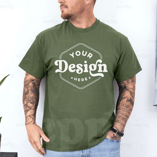 Gildan 5000 Military Green T-Shirt Mockup | Male G640 Tshirt Mock-up | Real Human Model Mock | Casual Simple Mock | Mens Green Gildan 5000