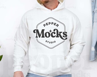 Wit Gildan 18500-hoodymodel | Herensweater (digitale download)