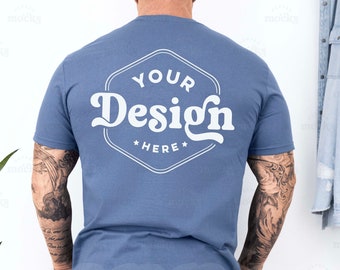 Gildan 64000 Indigo Blue Back View T-Shirt Mockup | Mens G640 Tshirt Mock-up | Real Human Model Mock | Casual Simple Mock | Mens 64000 Back