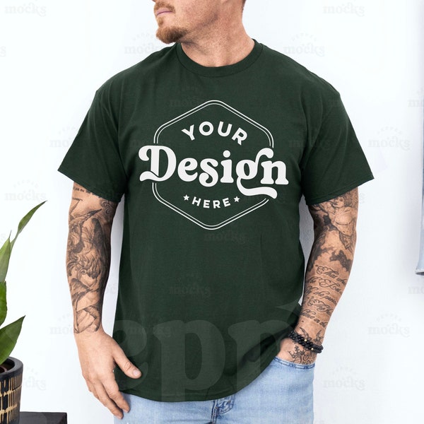 Gildan 5000 Forest Green T-Shirt Mockup | Male G640 Tshirt Mock-up | Real Human Model Mock | Casual Simple Mock | Mens Green Gildan Front