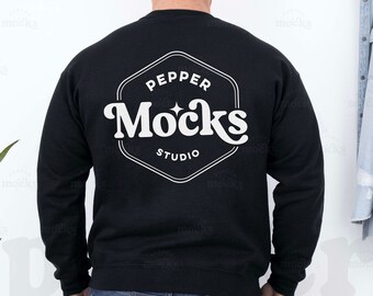 Zwart sweatshirt met ronde hals en achteraanzicht | Gildan 18000 (digitale download)