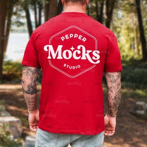 Gildan 64000 Red Back View T-Shirt Mockup | Mens G640 Red Tshirt Mock-up | Real Model Mock | Male Aesthetic Nature Outdoor | Lifestyle POD