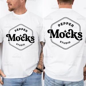 Koszulka Gildan 5000 White Split View T-Shirt Mockup | Koszulka męska G500 Mockup | Prawdziwy model człowieka | Luźny prosty model | Męska biała koszulka Gildan 5000