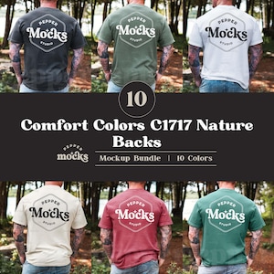 以下が含まれることがあります： 背面に「Pepper Mocks Studio」の文字が入った、10色の異なるTシャツのモックアップバンドル。Tシャツはすべて同じスタイルで、ゆったりとしたフィット感です。