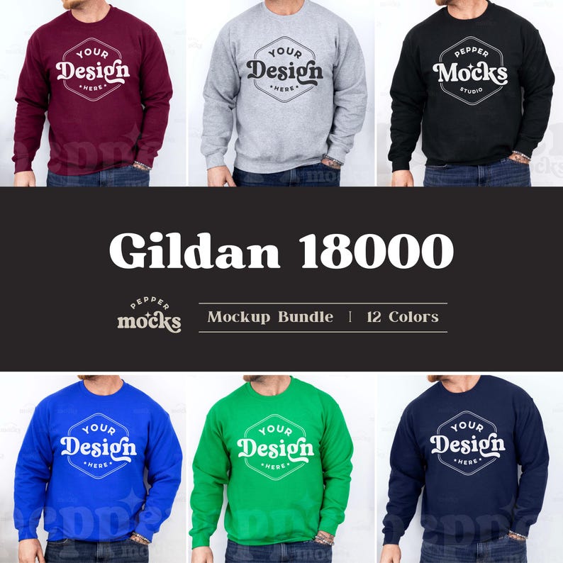 May include: Mockup bundle of Gildan 18000 sweatshirts in 12 colors. The sweatshirts feature a round, white design with the text "YOUR DESIGN HERE" in a vintage font. The sweatshirts are shown on models wearing different colors, including maroon, grey, black, blue, green, and navy.