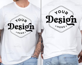 Bella Canvas 3001 White Front and Back View Tshirt Mockup | 3001 Mens T-shirt Mock-up | Real Model Mock | Simple Aesthetic Mens Split View