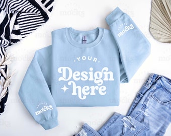 Gildan 18000 Light Blue Sweatshirt Mockup | Sleeve Flatlay (Digital Download)
